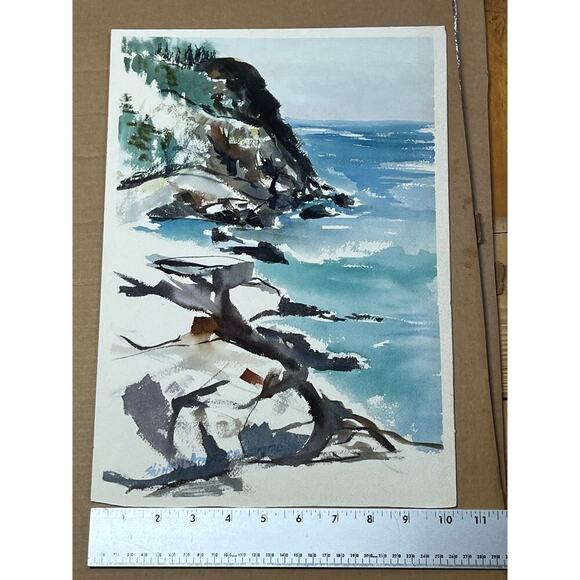 Beautiful Vintage Water Color Painting art. Cliffs,Water, Woods. Nature. signed - Picture 9 of 9